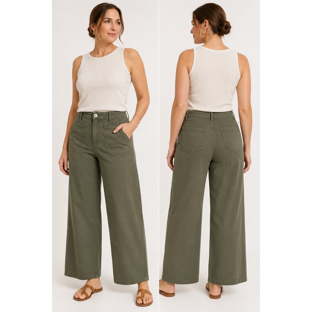 J. Jill Wide‎ Leg Pants 12 Woodbine Olive Green Stretch Patch Pocket Minimalist